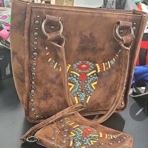 Montana West Brown Western Shoulder Bag And Wallet Skull